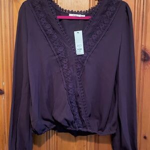 NWT Francesca's Collections Dark Purple Flutter Sleeve Ruffled Blouse